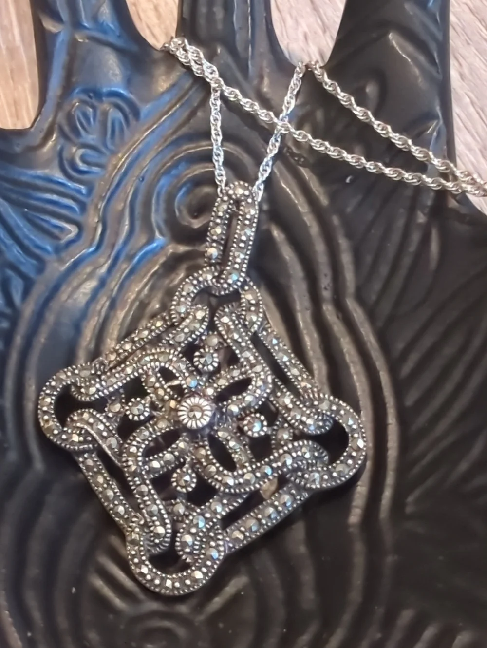 Vintage Marcasite Sterling Silver Filigree Pendant Necklace